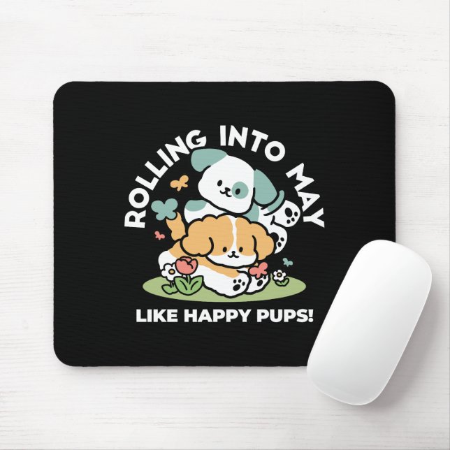 Tapis De Souris Joyeux Chiots Arrivés En Mai - Kawaii Dog Art (Avec souris)