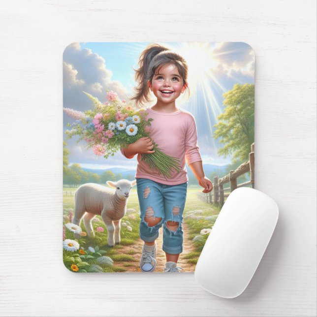 Tapis De Souris Joyeux enfant avec agneau (Avec souris)