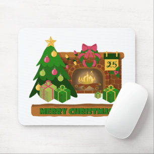 Tapis De Souris Joyeux Noël près de la cheminée bonfire xmas arbre