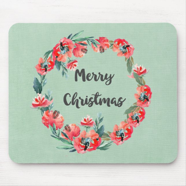 Tapis De Souris Joyeux Noël Rouge Floral Aquarelle Wreath (Devant)