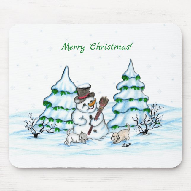 Tapis De Souris Joyeux Noël ! Snowman avec chat et chiot (Devant)