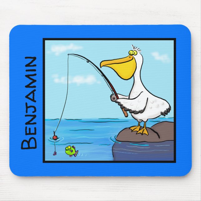 Tapis De Souris Joyeux pélican avec dessin animé du poteau de pêch (Devant)