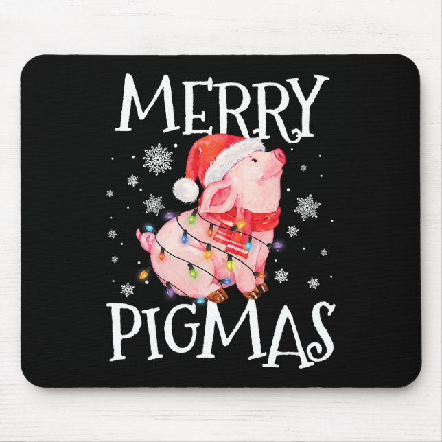 Tapis De Souris Joyeux Pigmas Drôle Cochon Feux Noël Lumières Arbr (Devant)