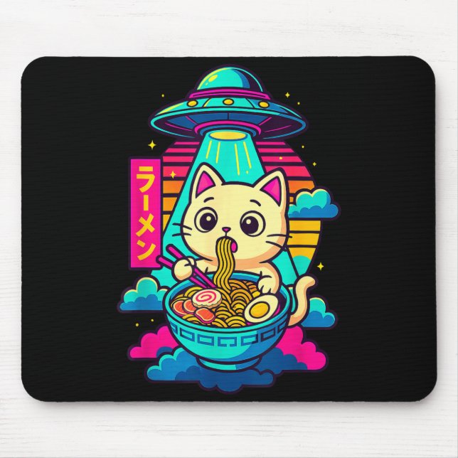 Tapis De Souris Kawaii Cat Alien Ufo Ramen Graphic Tee Funny Japan (Devant)