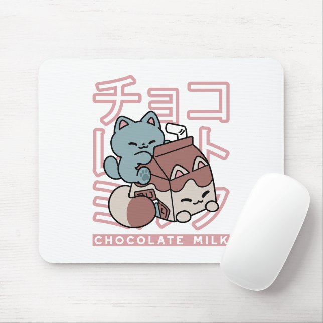 Tapis De Souris Kawaii Cat with Chocolate Milk – Japanese Pop Art  (Avec souris)