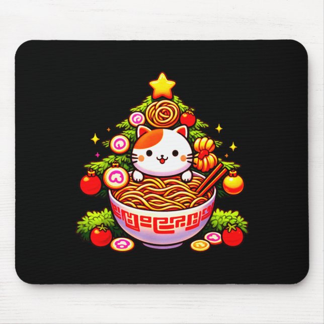 Tapis De Souris Kawaii Christmas Cat Ramen Christmas Tree Holiday  (Devant)