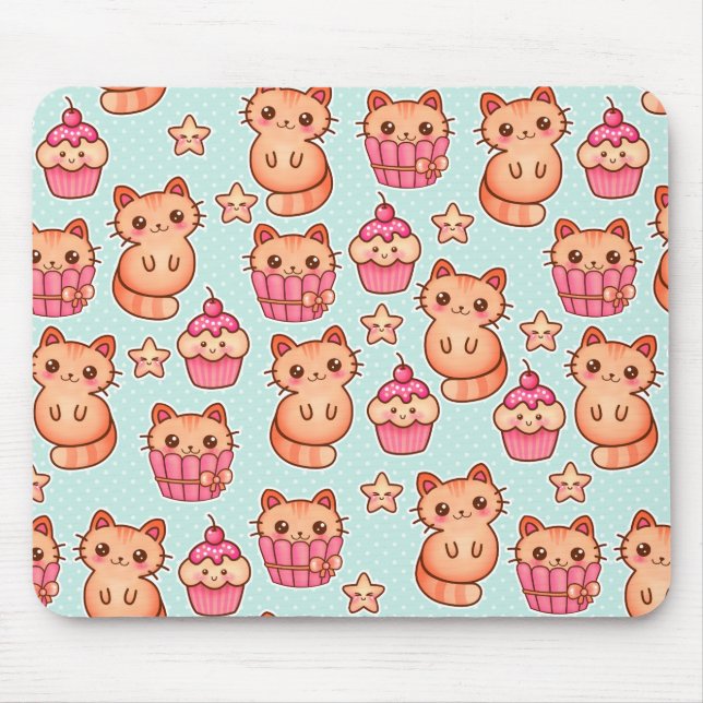 Tapis De Souris Kawaii Cute Cats Cupcakes Motif rose et bleu (Devant)