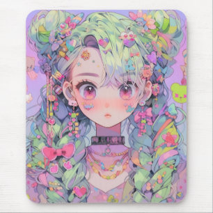 Tapis De Souris Kawaii Pastel Harajuku Anime Girl avec tresses