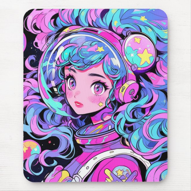 Tapis De Souris Kawaii Pastel Rose et Blue Space Anime Girl (Devant)