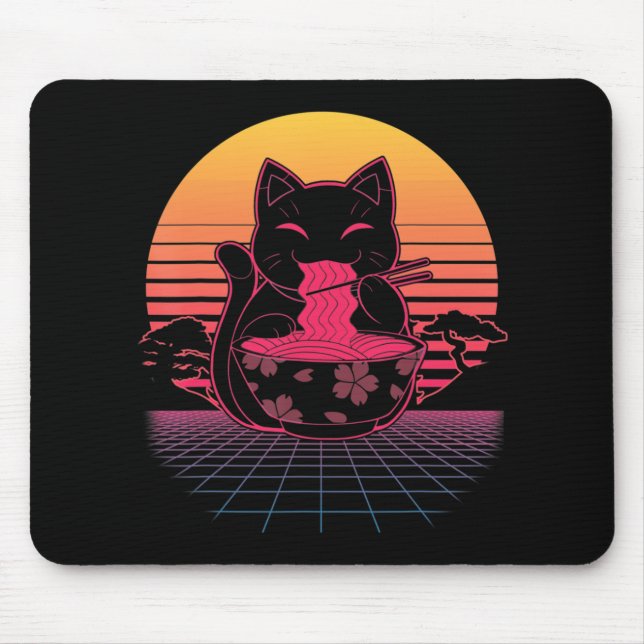 Tapis De Souris Kawaii Ramen Neko Chat rétro Noodle japonais Anime (Devant)
