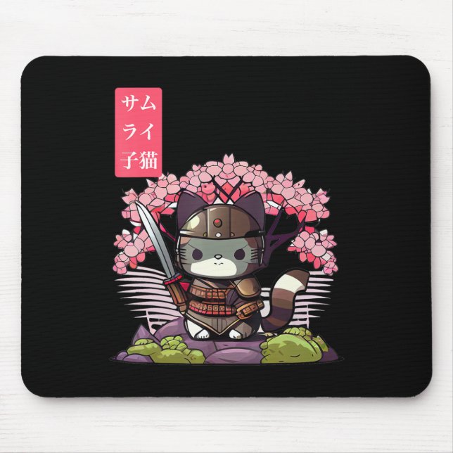 Tapis De Souris Kawaii Samurai Kitten avec fleurs de cerisier japo (Devant)