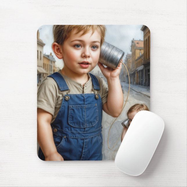 Tapis De Souris Kids Playing With Retro Tin Can Telephone (Avec souris)