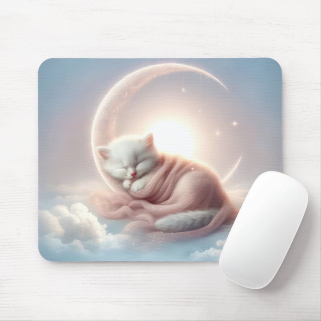 Tapis De Souris Kitten dormant sur une lune de croissant (Avec souris)