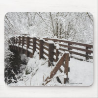La neige a couvert le pont en bois