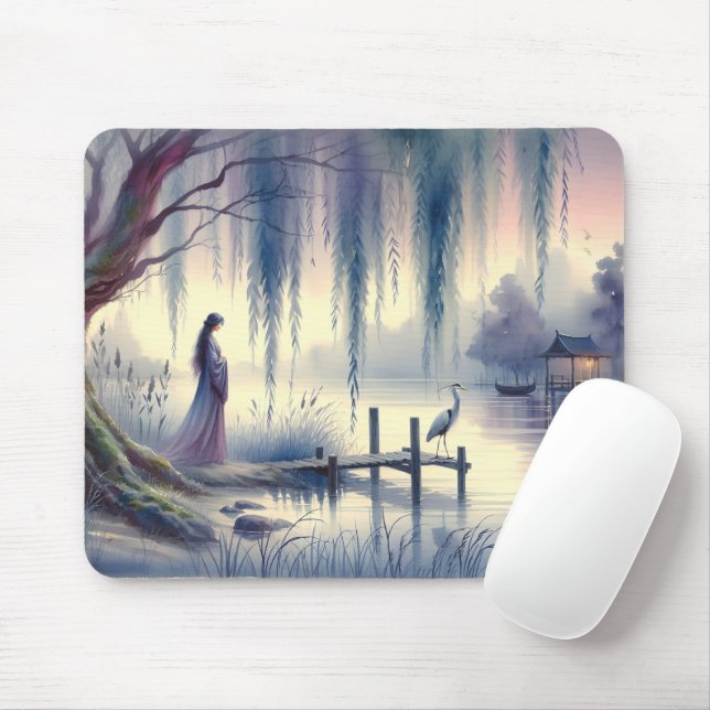 Tapis De Souris Lac Serene Imaginaire avec saule et héron (Avec souris)