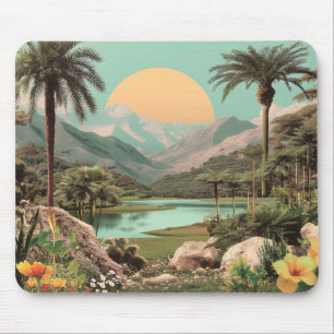 Tapis De Souris Lac Tropical Surreal Avec Palmiers