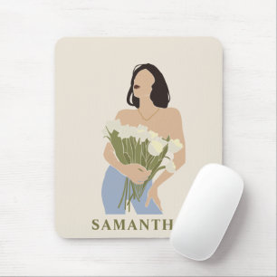 Tapis De Souris Lady Tenant Bouquet De Fleurs Vert Art Abstrait