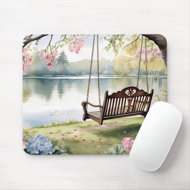 Tapis De Souris Lakeside Swing dans le jardin d'aquarelle romantiq (Avec souris)
