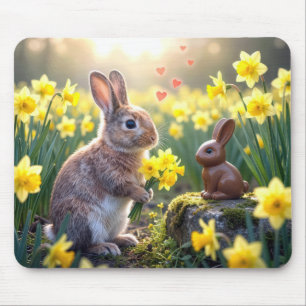 Tapis De Souris Lapin avec des jonquilles pour lapin de Pâques en 