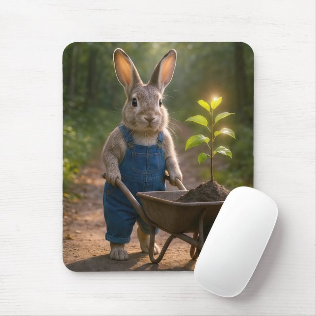 Tapis De Souris Lapin avec un agrafage d'arbre dans une brouette (Avec souris)