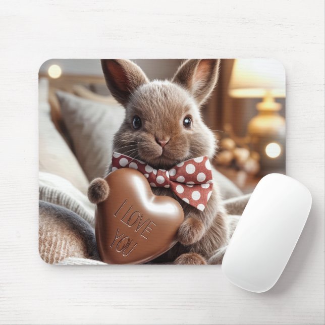 Tapis De Souris Lapin avec un coeur au chocolat I Love (Avec souris)