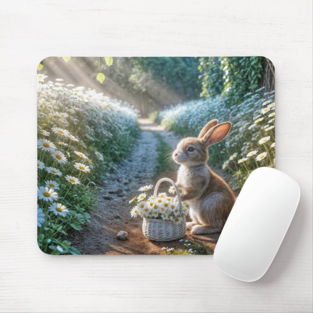 Tapis De Souris Lapin avec un panier de marguerites blanches (Avec souris)
