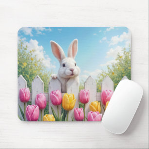 Tapis De Souris Lapin blanc dans un jardin de tulipes