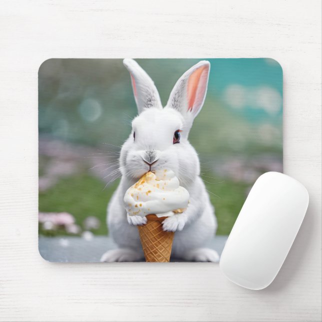 Tapis De Souris Lapin Blanc Mangeant Un Cône De Crème De Glace (Avec souris)