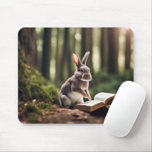 Tapis De Souris Lapin Dans Une Forêt Avec Un Livre