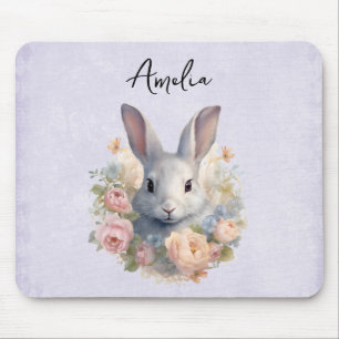 Tapis De Souris Lapin entouré de fleurs pastel mignon
