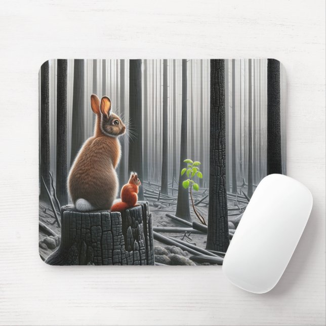 Tapis De Souris Lapin et écureuil dans une forêt desséchée (Avec souris)