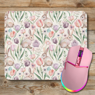 Tapis De Souris Lapin Gris Mignon avec Tulipes Colorées