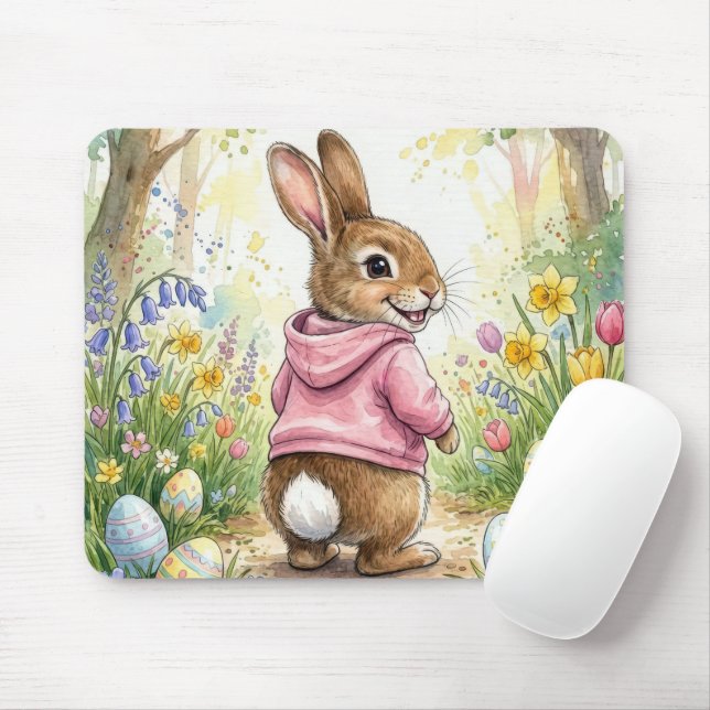 Tapis De Souris Lapin mignon dans un jardin de Pâques (Avec souris)