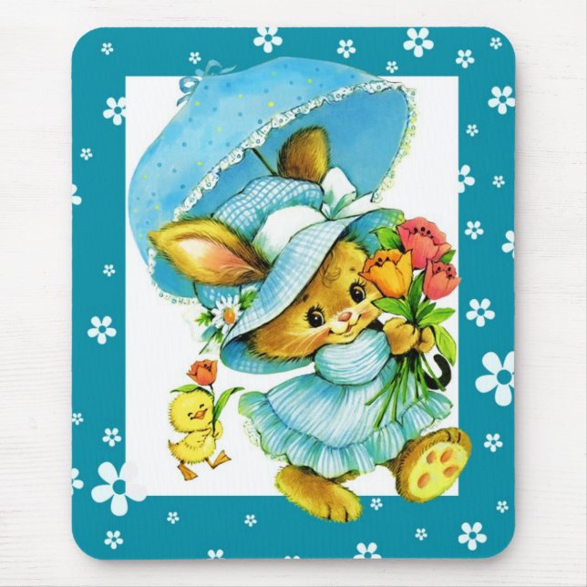 Tapis De Souris Lapin vintage de Pâques et poussin. Cadeau (Devant)