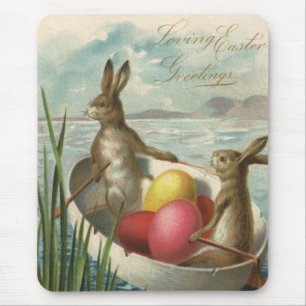 Tapis De Souris Lapins de Pâques vintage dans un bateau avec des œ