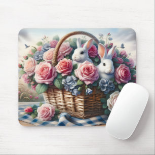 Tapis De Souris Lapins nichés parmi les roses de cottage