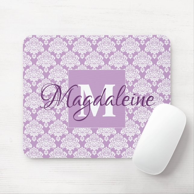 Tapis De Souris Lavande Damas Souris avec Monogramme et nom (Avec souris)