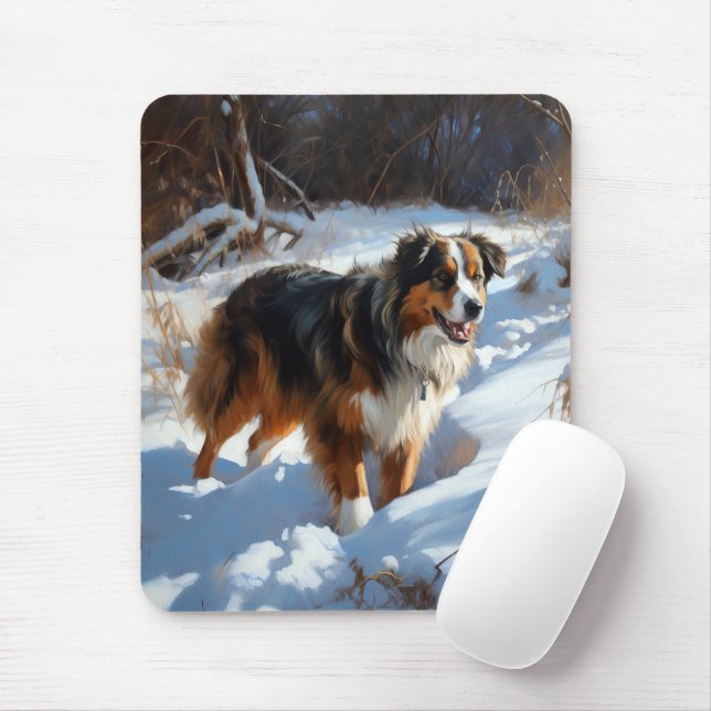 Tapis De Souris Le Berger Australien Laisser Neige Noël (Avec souris)