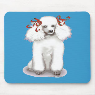 Tapis De Souris Le caniche blanc dans le portrait des vaches rouge