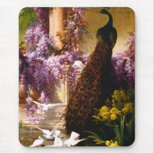 Tapis De Souris Le paon et les colombes dans un jardin