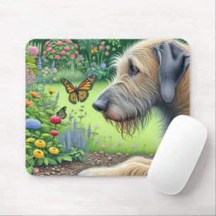 Tapis De Souris Le Wolfhound irlandais regarde un papillon