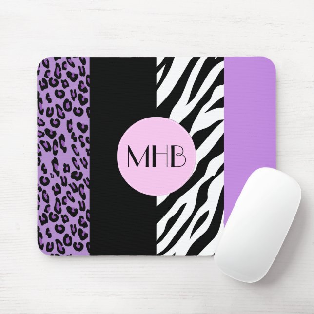 Tapis De Souris Léopard, Zèbre, Poster de animal, Violet, Monogram (Avec souris)