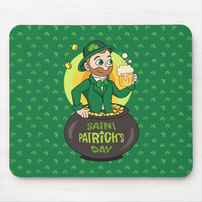Tapis De Souris Leprechaun de dessin dans une casserole d'or tenan (Devant)