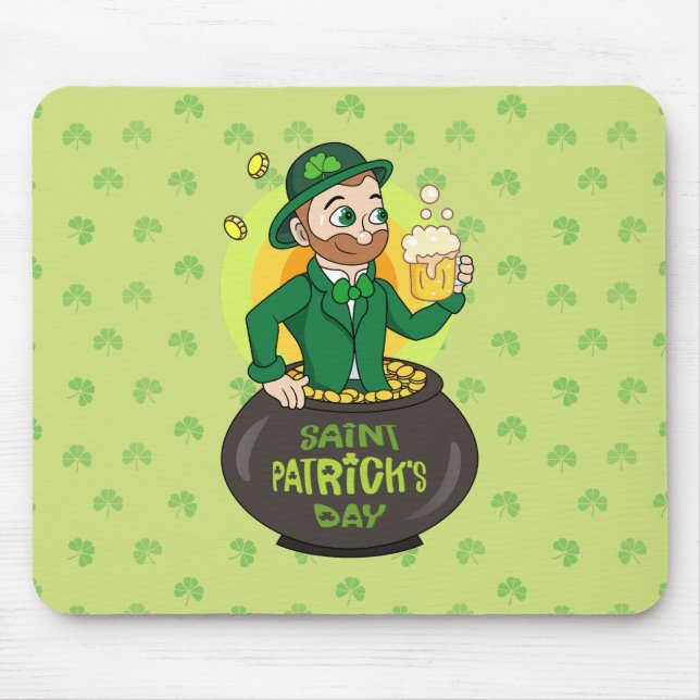 Tapis De Souris Leprechaun de dessin dans une casserole d'or tenan (Devant)