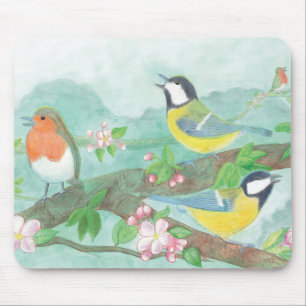Tapis De Souris Les oiseaux chantent sur une branche d'arbre en fl