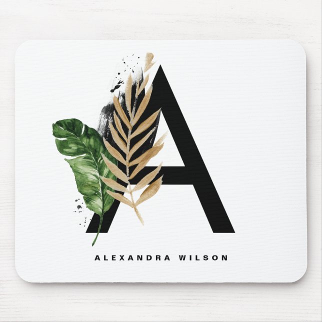 Tapis De Souris Lettre A Monogramme | Monogramme Tropical Gold Foi (Devant)