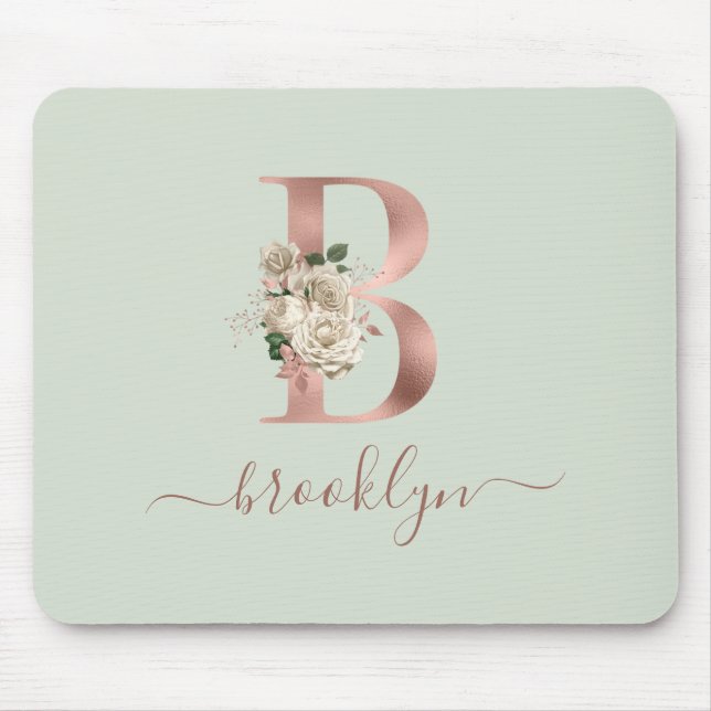 Tapis De Souris Lettre "B" en or rose floral Monogramme Vert sauge (Devant)