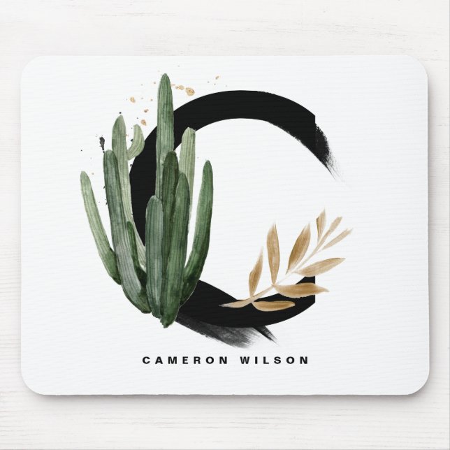 Tapis De Souris Lettre boho C Monogramme Aquarelle Tropical Cactus (Devant)
