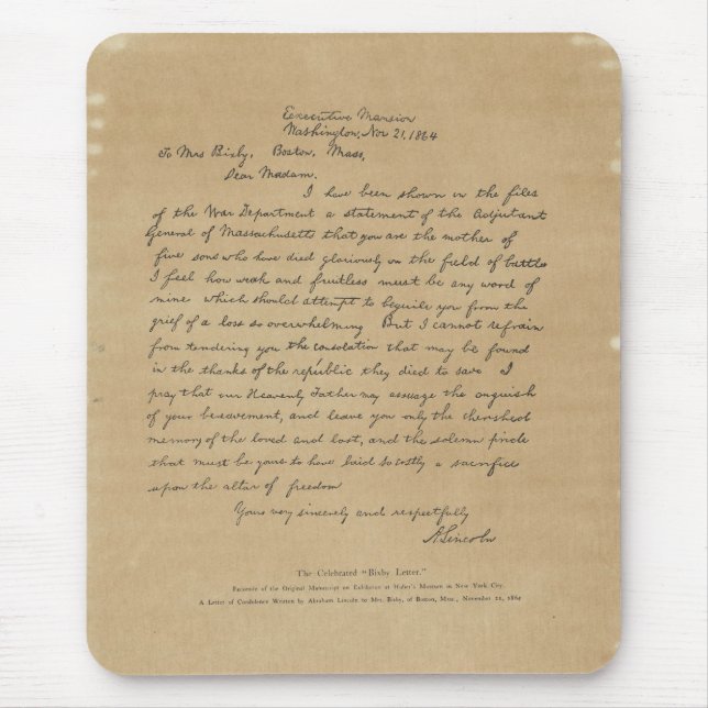 Tapis De Souris Lettre du Président Abraham Lincoln à Mme Bixby (Devant)