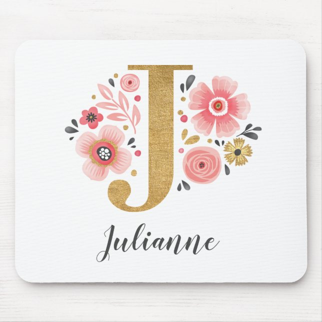 Tapis De Souris LETTRE MONOGRAPHIQUE INITIALE EN OR Rose J (Devant)